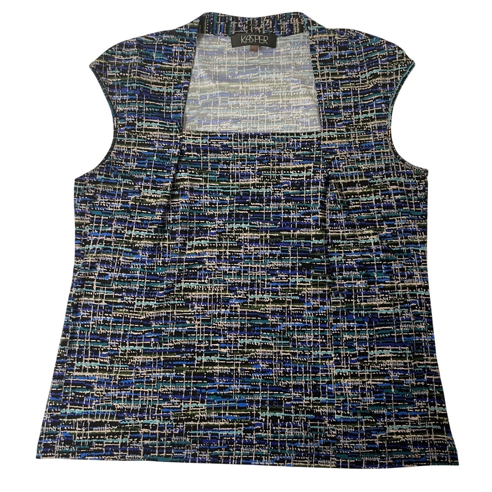 Kasper Sleeveless Top Womens Large Blue Abstract Square Neck Shell